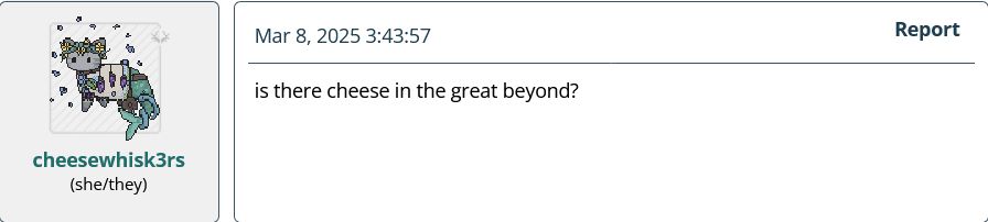 Pixel Cat's End screenshot showing cheesewhisk3rs asking (presumably rhetorically) "is there cheese in the great beyond?"